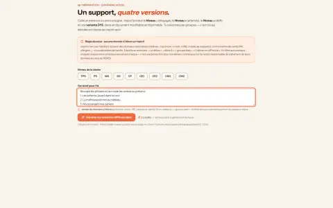 Un support pédagogique propose quatre versions d'exercices, dont une variante DYS, pour différencier l'enseignement. L'IA anonymise les données des élèves, comme un élève allophone.