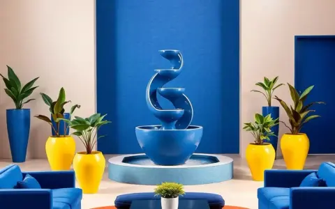 Fontaine bleue majorelle Marrakech, entourée de plantes vertes dans des pots jaunes vifs et de canapés bleus.