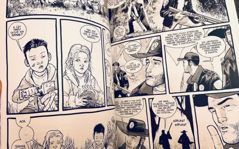 Kadr z komiksu The Walking Dead. Dzieci tęsknią za ojcem, podczas gdy dorośli rozmawiają o broni i zapasach.