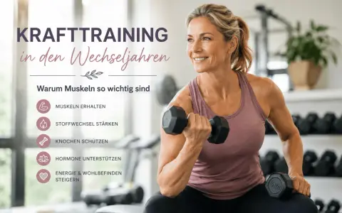 Frau hebt Hantel, zeigt Vorteile von Krafttraining in den Wechseljahren: Muskeln, Stoffwechsel, Knochen, Hormone, Energie.
