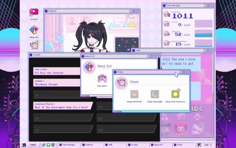 Dziewczyna z anime, która wygląda na potrzebującą, w grze z motywem "needy girl overdose". Widok pulpitu z oknami gry, czatem i statystykami.