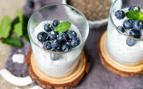 Zwei Gläser mit cremigem Chia Pudding, garniert mit Blaubeeren, Kokosraspeln und Minze. Ein gesunder Genuss!
