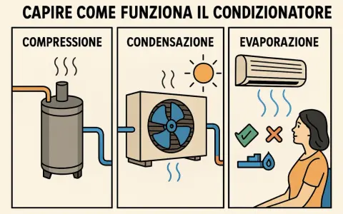 Illustrazione che spiega come funziona il condizionatore: compressione, condensazione ed evaporazione.