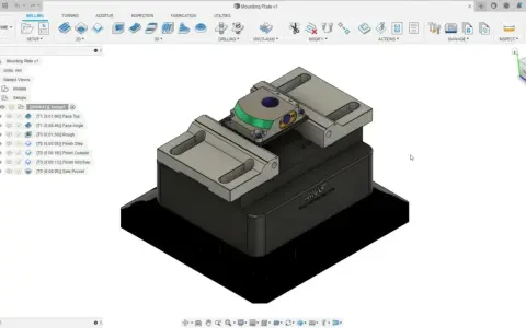 Model uchwytu frezarskiego w Fusion 360 na Linuxie, z widocznymi operacjami obróbki.