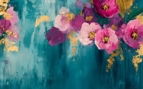 Peinture abstraite avec des fleurs roses et violettes sur fond bleu sarcelle, rehaussée de touches dorées.