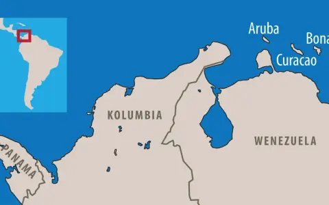 Mapa Karaibów: Aruba, Bonaire i Curacao leżą przy wybrzeżach Kolumbii i Wenezueli.