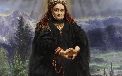 Portret królowej w koronie i czarnej szacie, z różańcem w dłoniach. Tło to góry i miasto. To streszczenie legendy o świętej Kindze.