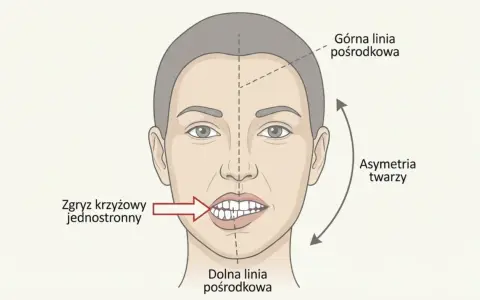 Ilustracja przedstawia asymetrię twarzy i zgryz krzyżowy jednostronny, co może być problemem u dziecka.