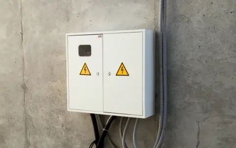 Biała skrzynka elektryczna na betonie z symbolami ostrzegawczymi. Przydatna przy wypełnianiu wniosku o określenie warunków przyłączenia PGE wzór.