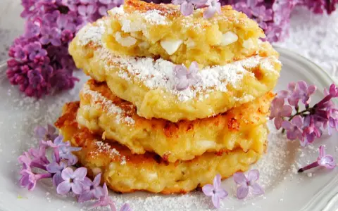 Puszyste placuszki z serka wiejskiego i banana, posypane cukrem pudrem i ozdobione bzem. Idealne na wiosenne śniadanie.