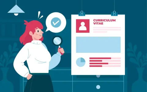 Donna con lente d'ingrandimento analizza un curriculum vitae, cercando il job title perfetto.