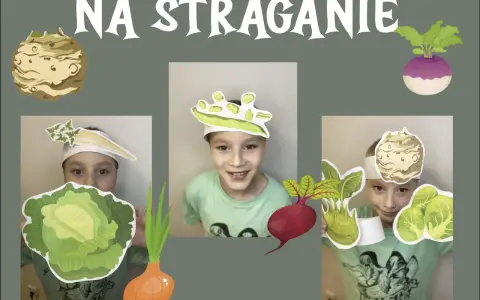 Dzieci w strojach warzywnych, jak na straganie wiersz. Wesołe twarze, marchewka, kapusta, burak, kalarepa, brukiew i seler.