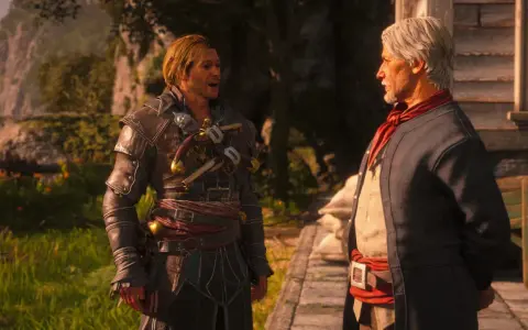 Dwóch mężczyzn rozmawia na tle tropikalnej scenerii. Jeden z nich, w stroju przypominającym tego z najnowszego Assassin's Creed, ma na sobie skórzaną zbroję i pistolety.