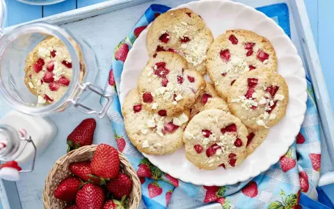 Saftige Erdbeer-Cookies mit weißen Schokostückchen auf einem Teller, daneben frische Erdbeeren und ein Glas Milch.