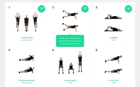Mann trainiert für einen Sixpack mit Übungen wie March Jacks, Bridges und Push-ups.