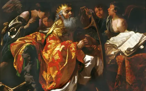 Król Dawid gra na harfie, otoczony aniołami i uczonymi. Pamiętaj człowiecze na Jezusa, bo Jego miłość jest wieczna.