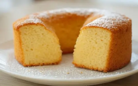 Un délicieux gâteau sans oeuf, saupoudré de sucre glace, est présenté sur une assiette blanche. Sa texture moelleuse est visible.