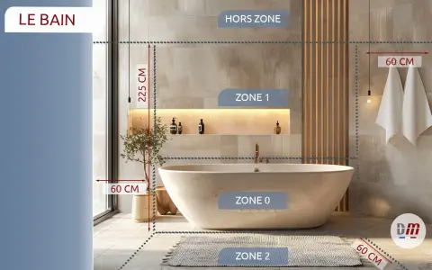 Salle de bain moderne avec baignoire. Schéma des zones de sécurité électrique, incluant le différentiel électrique.