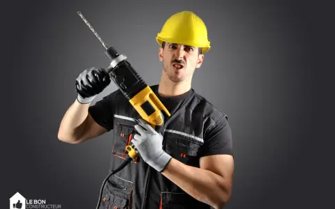 Un homme en casque jaune, gants et tenue de travail tient une perceuse. Il a une expression faciale exagérée, comme un architecte ou un constructeur prêt à relever un défi.