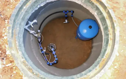 Wnętrze studni głębinowej z niebieskim zbiornikiem hydroforowym i systemem rur. Widać manometr i zawory.