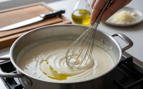 Préparation d'une béchamel sans beurre onctueuse, fouettée avec de l'huile d'olive dans une casserole.