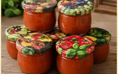 Sześć słoików domowego ketchupu z cukinii, z kolorowymi nakrętkami ozdobionymi warzywami i ziołami.