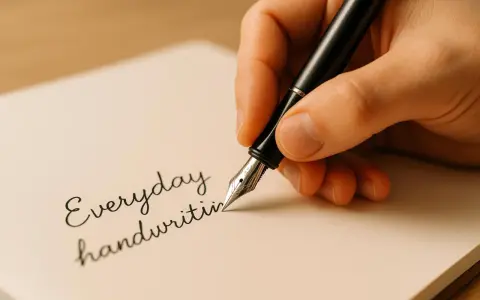 En hand håller en reservoarpenna och skriver "Everyday handwriting" på ett papper. Visar hur man håller en penna för vacker handstil.
