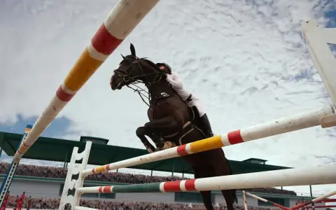 Un cheval brun et son cavalier en blanc effectuent un spectaculaire saut d'obstacles, le tout sous un ciel nuageux.