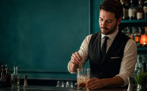 Barista esperto prepara un cocktail, con la sua paga base che riflette la sua abilità. Dietro di lui, bottiglie di liquori e un'atmosfera elegante.