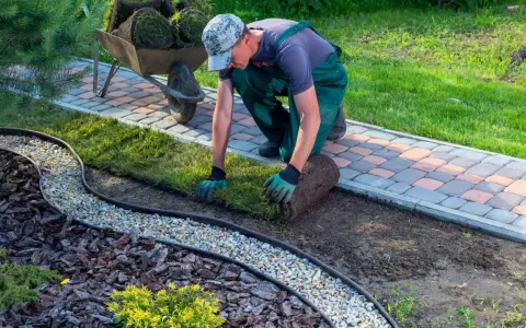 Ogrodnik układa trawę z rolki, tworząc piękny trawnik. Sprawdź atrakcyjną trawę z rolki cenę za m2!