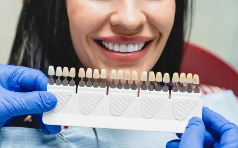 Uśmiechnięta kobieta z idealnymi zębami, dentysta dobiera kolor licówek. Sprawdź, jaka jest licówki cena.