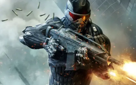 Soldado con traje de alta tecnología, disparando un arma futurista. El fuego y los casquillos vuelan. ¡La acción de Crysis 4 está que arde!