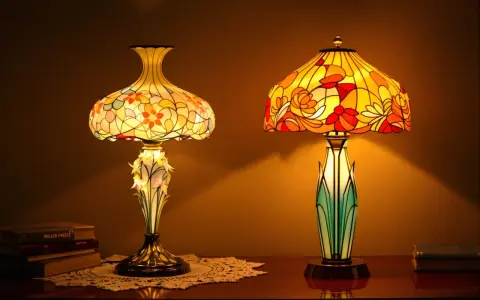 Deux lampes art nouveau Gallé aux abat-jour colorés, l'une ornée de fleurs, l'autre de motifs floraux, éclairent une table en bois.