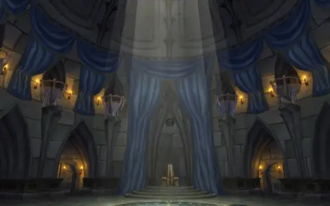 Majestueuse salle du trône ornée de draperies bleues, de torches et d'un trône doré au centre.