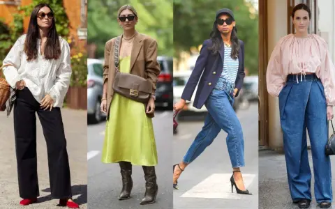 Four women showcase stylish outfits, proving that a casual dress code can be chic. From wide-leg pants to slip dresses, these looks are perfect for any occasion.
