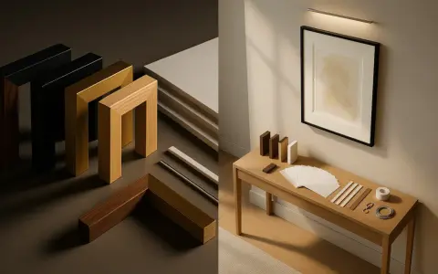 Pièces de bois et de métal pour faire un encadrement, avec un tableau déjà encadré sur une console.