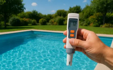 En hand håller en mätare vid en pool. Displayen visar "72", troligen en indikation på alkalinitet pool.