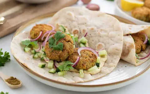 Falafel i tunnbröd med hummus, gurka och rödlök. Perfekt till tacos eller som en snabb lunch.