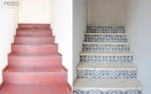 Przed i po: renowacja schodów z czerwonych na eleganckie, z drewnianymi stopniami i ozdobnymi płytkami.