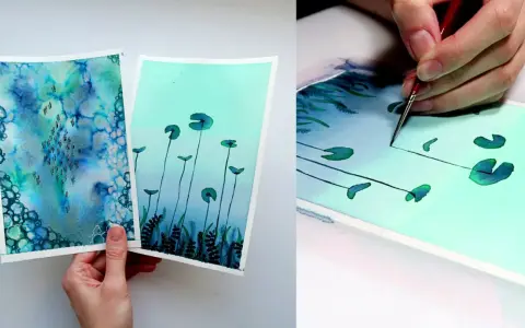 Dos hermosos dibujos a tinta y acuarela de temática acuática. Uno muestra un fondo azul vibrante con burbujas y peces, el otro lirios de agua sobre un fondo turquesa.