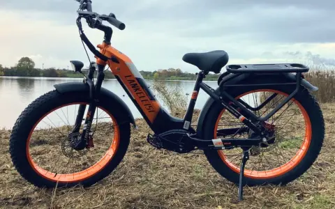 Orange-schwarzes E-Bike mit breiten Reifen am Seeufer. Gute Lankeleisi Erfahrungen sind garantiert mit diesem robusten Fatbike.
