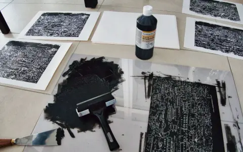 Na podłodze leży papier do linorytu, czarny tusz, wałek i kilka gotowych odbitek.