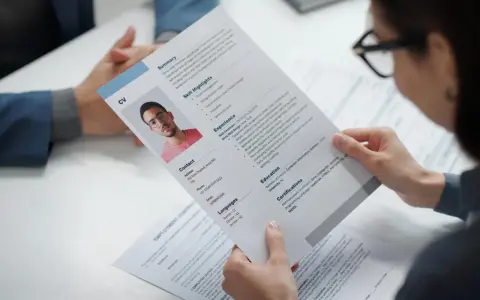 Kobieta przegląda wzór CV z profesjonalnym zdjęciem kandydata, gotowa do oceny jego kwalifikacji.