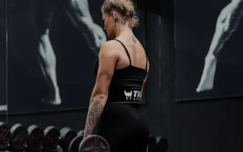 Kvinna med tatueringar utför shrugs med hantlar i ett gym.