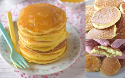 Pancake con farina di riso, soffici e dorati, impilati su un piatto con due forchette colorate. Alcuni sono guarniti con sciroppo.