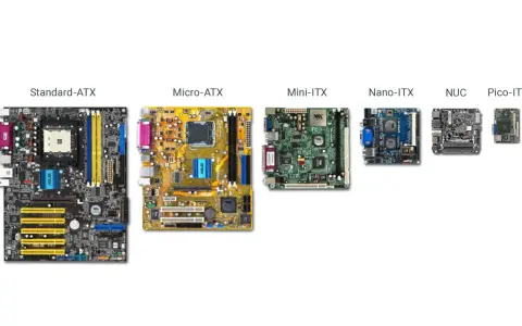 Porównanie rozmiarów płyt głównych: Standard-ATX, Micro-ATX, Mini-ITX, Nano-ITX, NUC, Pico-ITX.