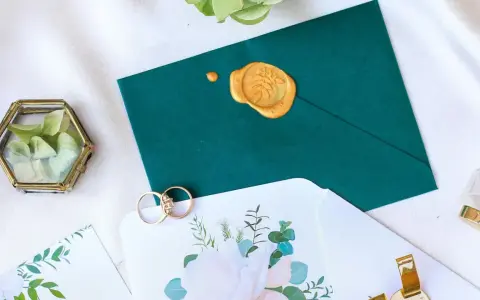 Elegancka koperta z pieczęcią, obrączki i zaproszenie. Zastanawiasz się, ile trzeba dać w kopercie na wesele?