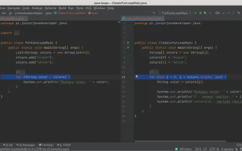 Kod Java z pętlą for-each, która iteruje po liście kolorów. Widać fragment kodu z pętlą while js, która jest używana do podobnego celu.