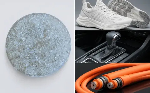 Gránulos de tpe material en un cuenco, zapatillas deportivas, palanca de cambios de coche y cables naranjas.