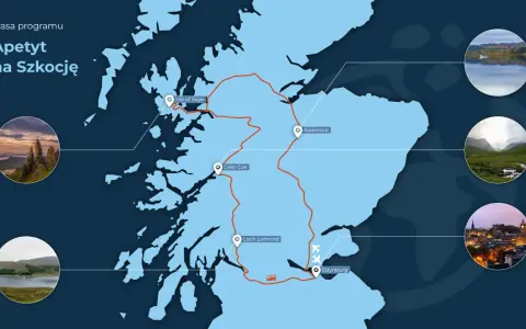 Mapa Szkocji z trasą "Apetyt na Szkocję", pokazująca malownicze miejsca jak Isle of Skye, Glen Coe, Loch Lomond i Edynburg.